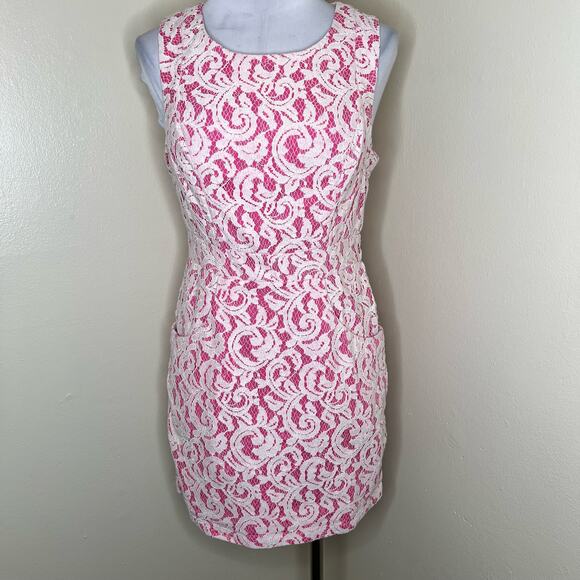 TART Sheath Dress w Pockets Large Pink White Lace Mini Cocktail Cotton Coquette - Picture 1 of 9